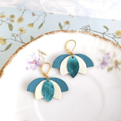 Lotus earrings - metallic blue, white and teal blue leather