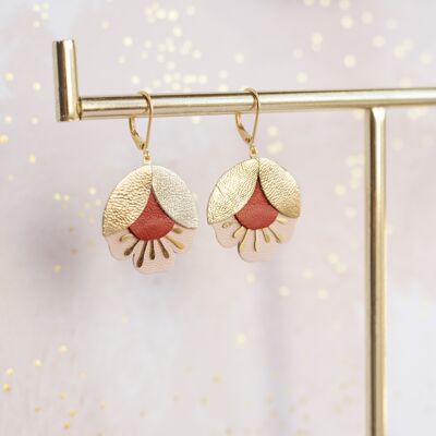 Cherry blossom earrings - gold, red and flesh pink leather