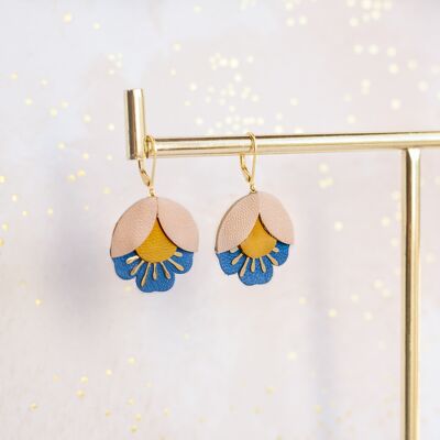 Cherry blossom earrings - flesh pink, ocher yellow and lapis blue leather