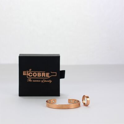 Pulsera magnética de cobre puro de 6.5" y anillo con caja de regalo (diseño 1)