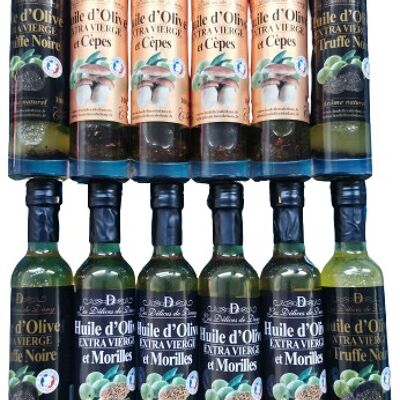 12 bottles 4*3 morel/porcini mushroom/black truffle olive oils.