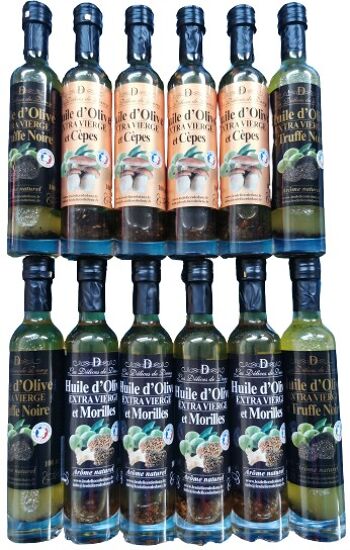 12 bouteilles 4*3 huiles d'olives morilles/cèpes/truffes noires.