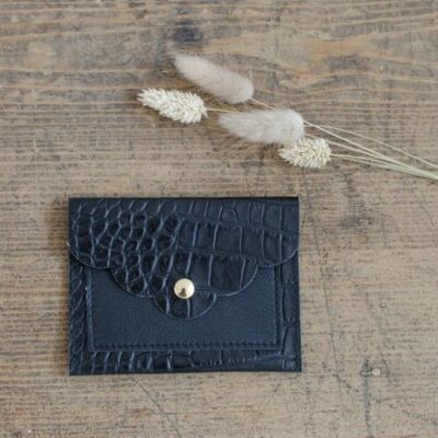Mini pochette rabat pétale en cuir croco noir avec porte-cartes