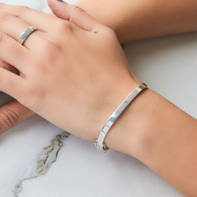 Solid Silver Screw Accent Bangle - Ring and Medium Bangle Set - Plain Silver