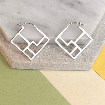 Art Deco Square Geometric Silver Hoop Earrings - 18k Yellow Gold Plated