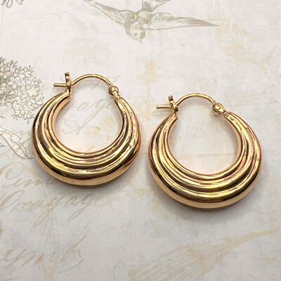 High Polish Ridged Hoop Small Gold Sterling Silver Earring - Sterling Silver