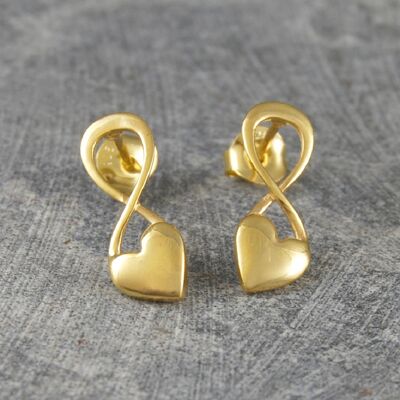 Sterling Silver Puffed Heart Valentine Stud Earrings - 18k Yellow Gold Plated - Necklace Only
