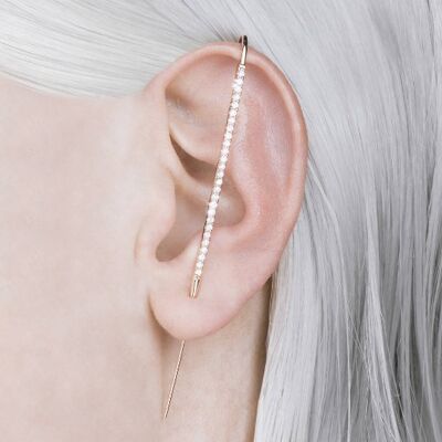 Rose Gold White Topaz Ear Pin Ear Cuff Earrings - Single - Oxidised Silver(Balck) - Small
