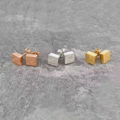 Small Flattened Cube Stud Earrings - 18k Rose Gold Plated