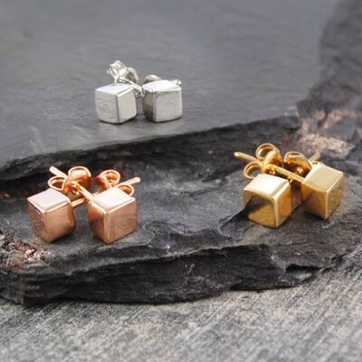 Cube Tiny Silver Jewellery Stud Earrings - Rose Gold