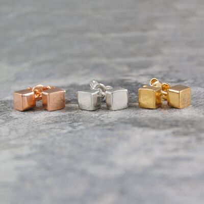 Cube Tiny Silver Jewellery Stud Earrings - Set (3 colours)