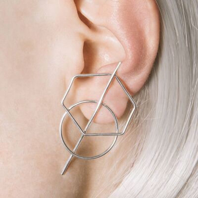 Abstract Hexagonal Silver Stud Earrings - 18K Yellow Gold