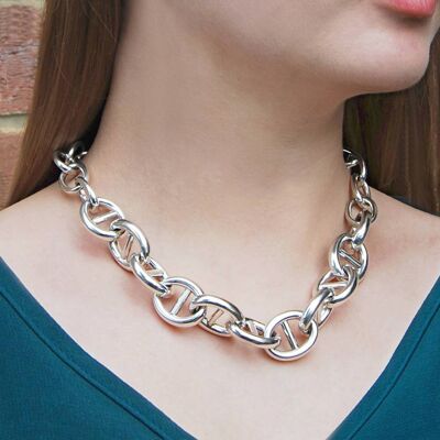 Oval Link Chunky Silver Bracelet - Necklace & Bracelet Set - Necklace 19''