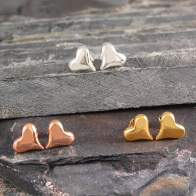 Small Sterling Silver Puffed Heart Stud Earrings - Yellow Gold