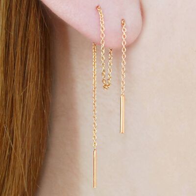 Long Rose Gold Threader Drop Earrings - Oxidised Silver Pair