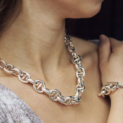 Sterling Silver Chunky Link Chain Necklace - Bracelet+Necklace