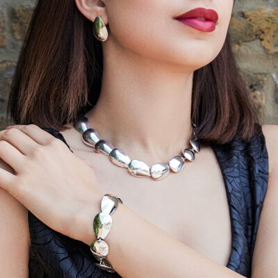 Chunky Sterling Silver Teardrop Statement Necklace and Bracelet Set