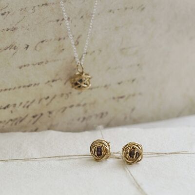 Collar de piedra natal de junio con perla de pavo real dorado - Conjunto de collar + tachuelas