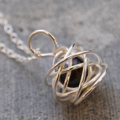 Silver Pearl Cage Necklace in Black - Pendant Necklace - Black
