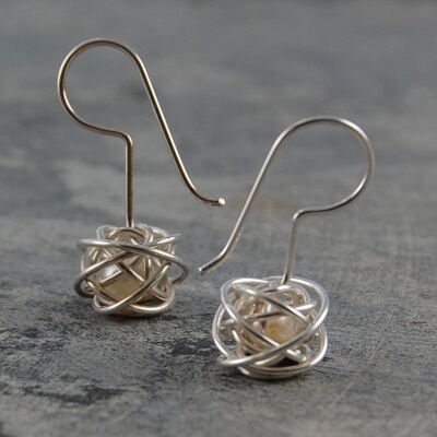 Caged Pearl Silver Drop Earrings in White - Drop Earrings - White