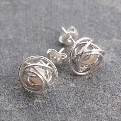 Caged Pearl Silver Stud Earrings in White - Stud Earrings - White