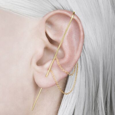 Yellow Gold Delicate Chain Ear Cuff Earrings - Single Earring - Small (6.8cm) - Black Oxidised Silver