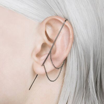 Pendientes Ear Cuff de doble cadena de plata oxidada negra - Grandes (8 cm) - Plata de ley - Pendiente único