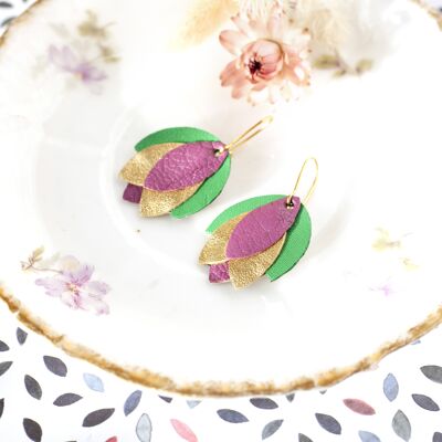 Pendientes Iris en cuero morado, dorado y verde