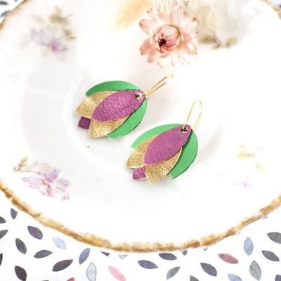 Iris earrings in purple, gold, green leather