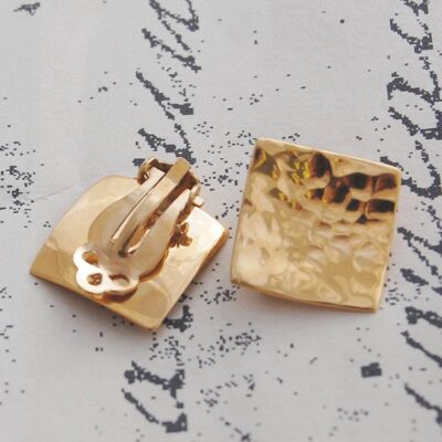 Rose Gold Textured Square Clip On Earrings - Yellow Gold Plain Finish