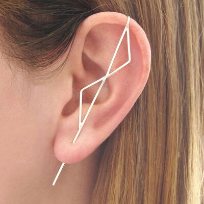 Oxidised Silver Double Triangle Ear Climber - Sterling Silver Single - Large (8cm)