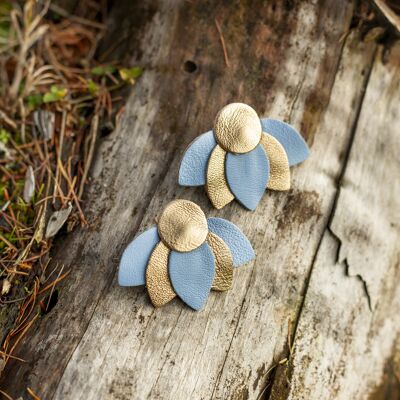 Large Lotus Flowers Stud Earrings - azure blue and gold leather