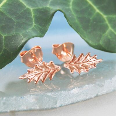 Holly Leaf Rose Gold Stud Earrings - Necklace+Drop Set - 18 Rose Gold Plated