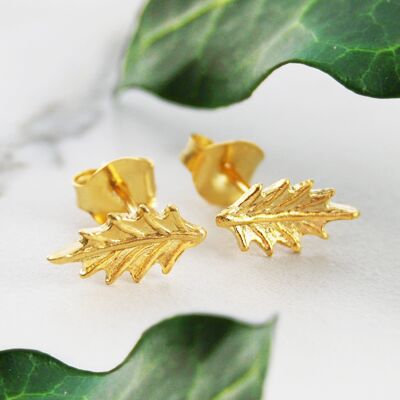 Orecchini a bottone in oro con foglia di agrifoglio - Collana + set di gocce - Placcati in oro 18k