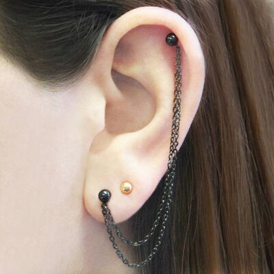 Black Oxidised Ball Stud Chain Threader Earrings - Sterling Silver - Pair