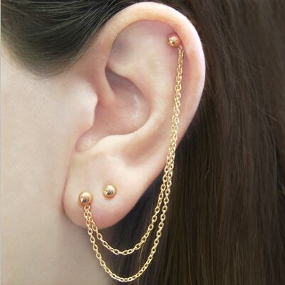 Ball Stud Gold Chain Threader Earrings - Sterling Silver - Pair