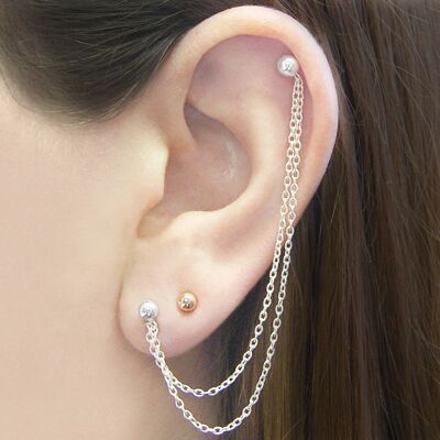 Ball Stud Silver Chain Earrings - Grey Oxidised Silver - Pair