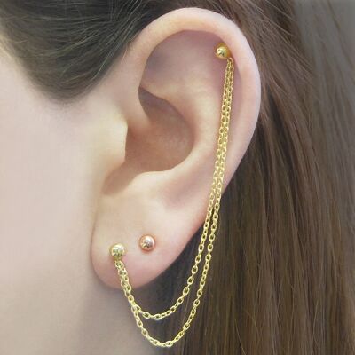 Ball Stud Silver Chain Earrings - Rose Gold Vermeil - Pair