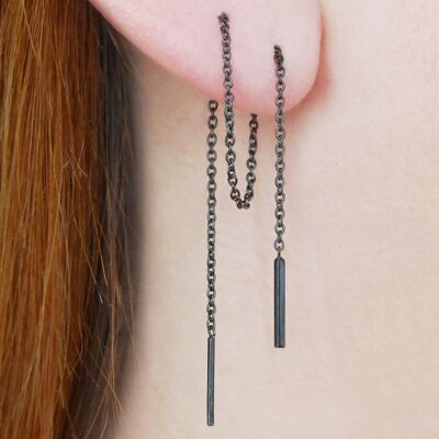 Threader Oxidised Long Drop Earrings - Rose Gold Pair