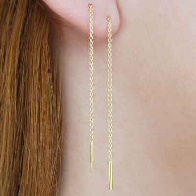 Threader Gold Long Drop Earrings - Oxidised Silver Pair