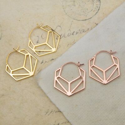 Hexagonal Geometric Gold Hoop Earrings - Sterling Silver