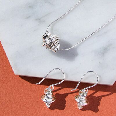 Coiled Silver Drop Earrings - Stud Earrings and Pendant Set