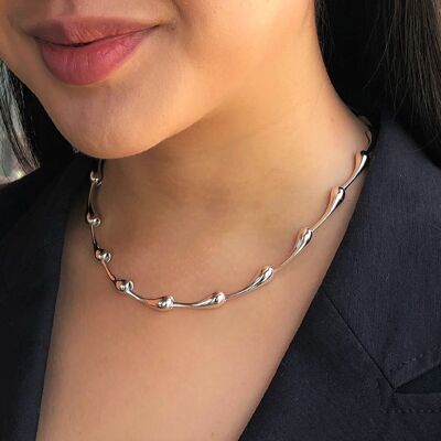 Teardrop Chunky Silver Necklace - 16'' - Necklace + Bracelet Set