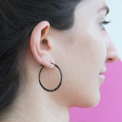 Oxidised Silver Small Hoop Earrings - 18K Yellow Gold