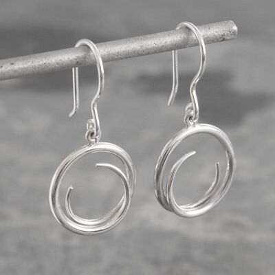 Tapered Round Eclipse Silver Drop Earrings - Sterling Silver
