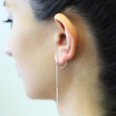 Oxidised Silver Chain Long Drop Threader Earrings - Rose Gold Vermeil