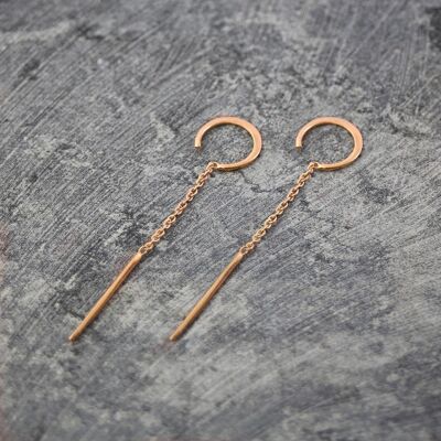 Rose Gold Chain Long Drop Earrings - Grey Oxidised Silver