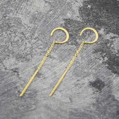Gold Chain Long Drop Threader Earrings - Grey Oxidised Silver