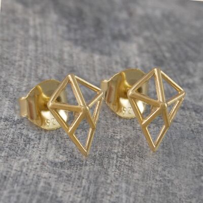 Geometric Diamond Gold Stud Earrings - Sterling Silver
