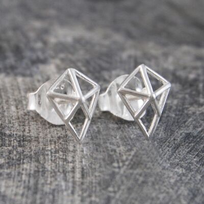 Geometric Diamond Silver Stud Earrings - Sterling Silver